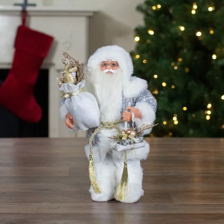 12" White and Gold Standing Santa Carrying a Full Sac of Presents Christmas Figurine