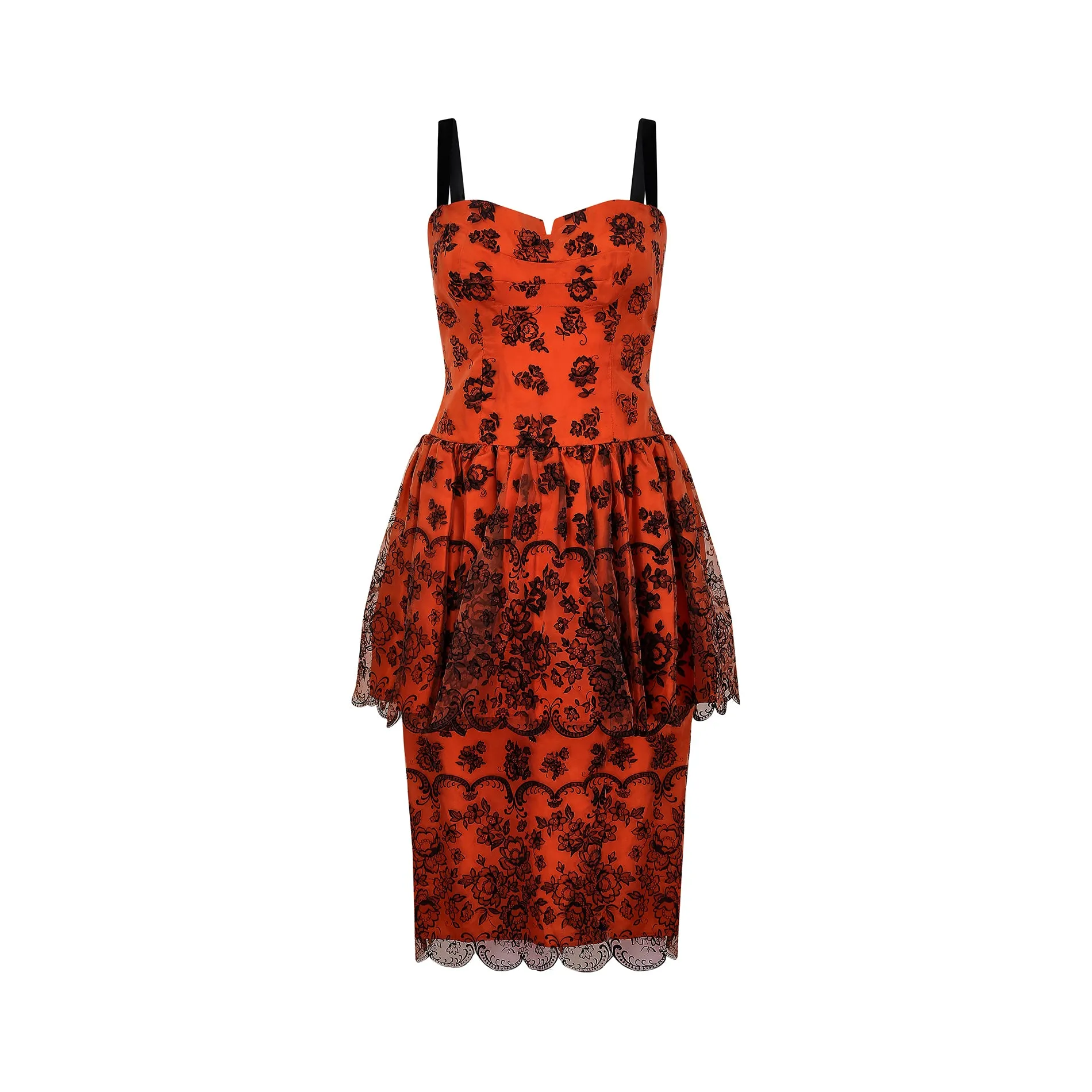 1960s Diana Floral Black and Orange Flock Print Dress