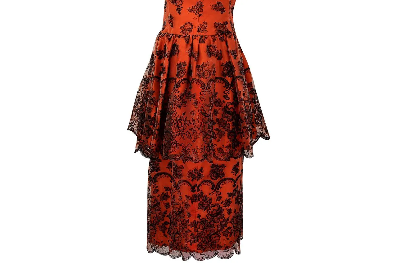 1960s Diana Floral Black and Orange Flock Print Dress