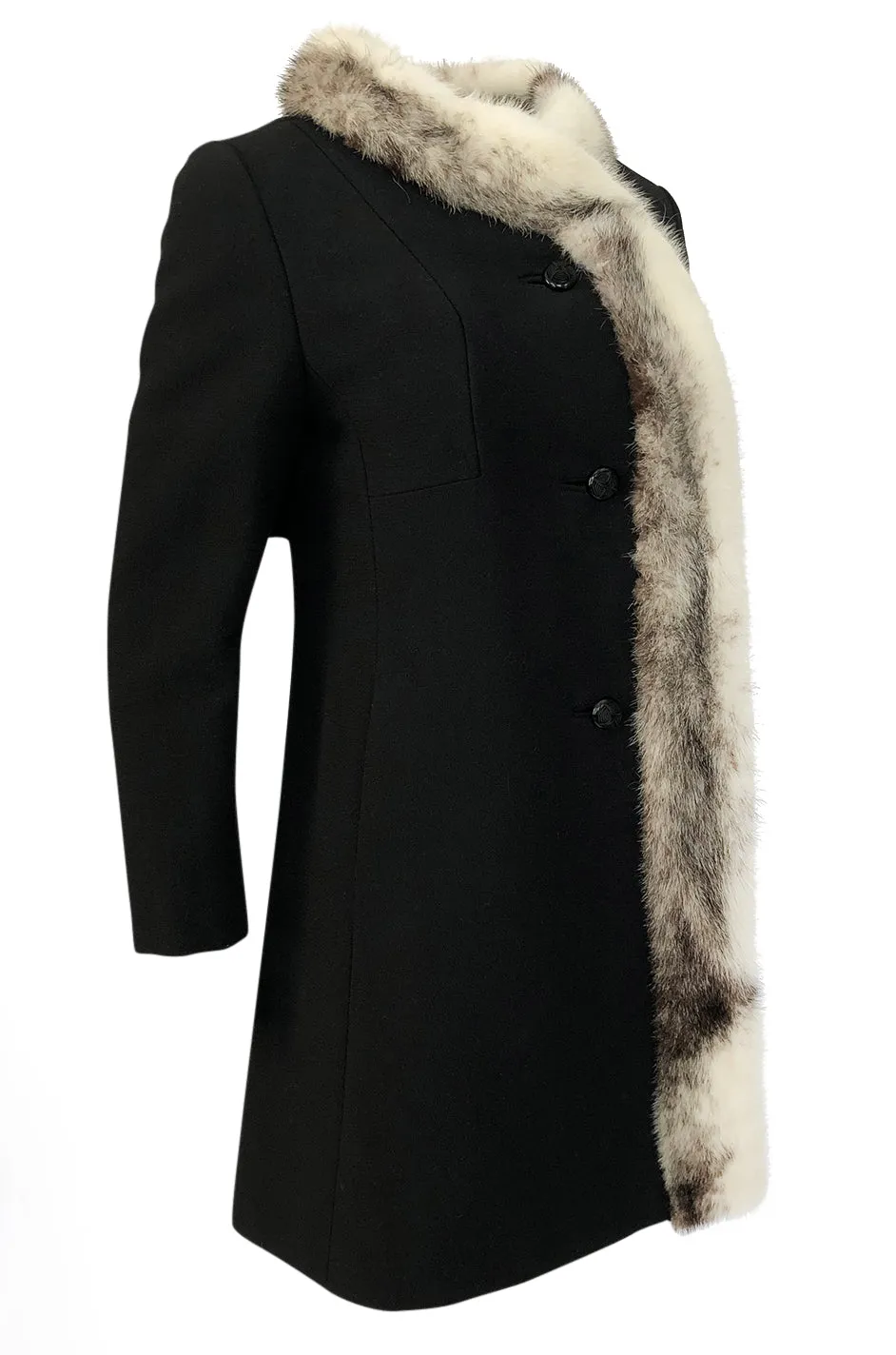 1960s Unlabeled Mod Cut Black Wool Jersey & Fur Trim Coat