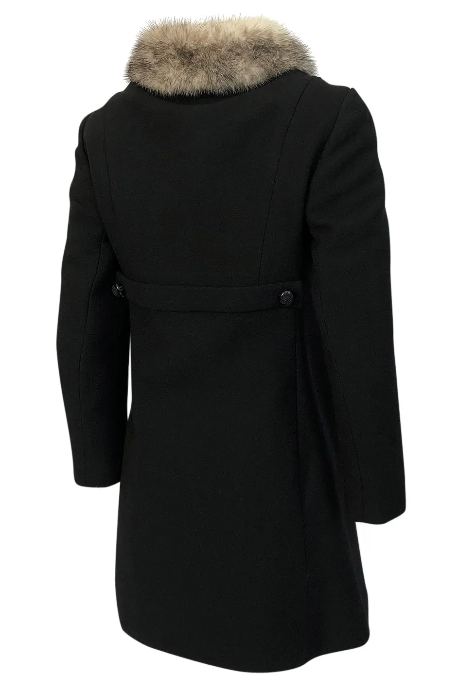 1960s Unlabeled Mod Cut Black Wool Jersey & Fur Trim Coat