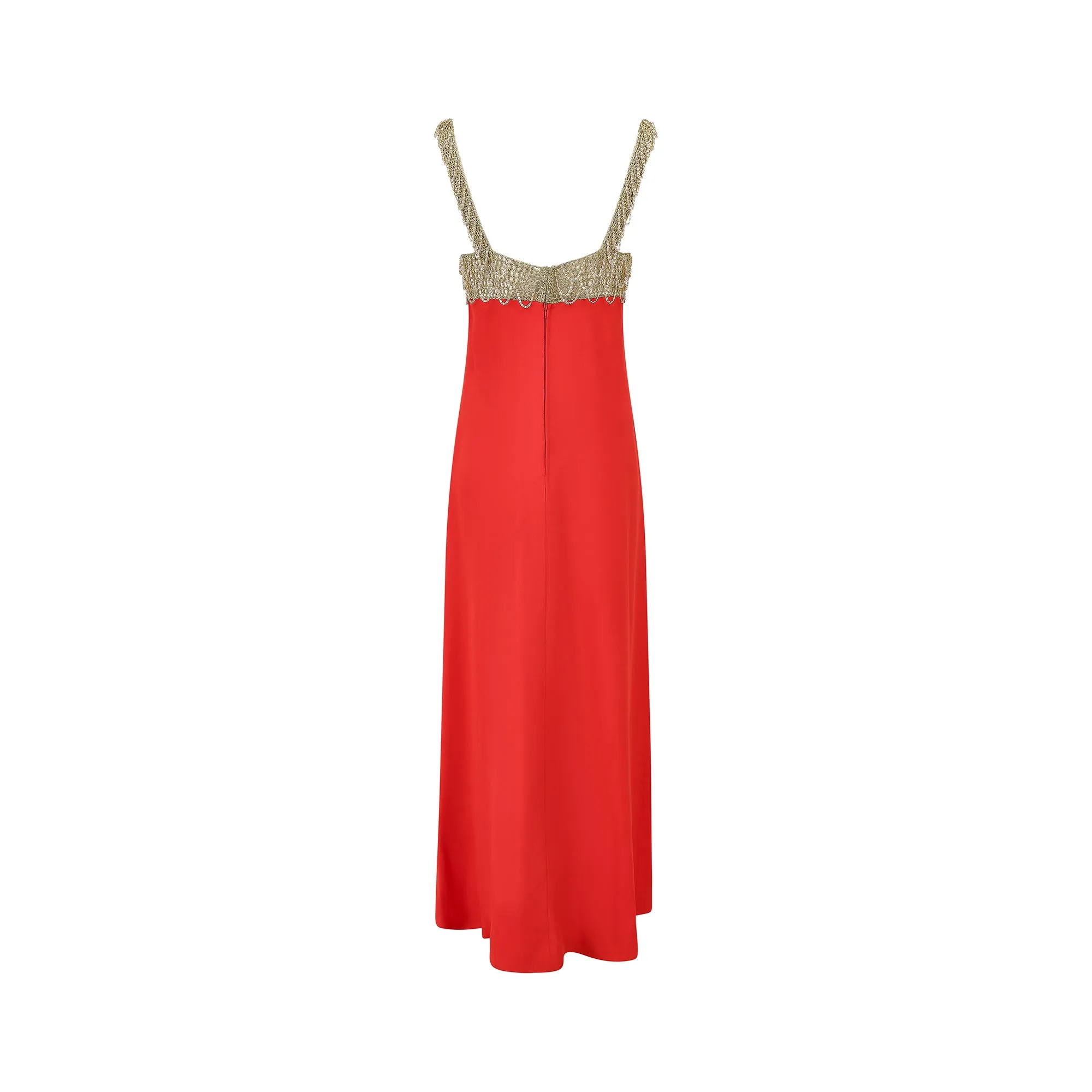 1970s Loris Azzaro Gold Chain and Red Crepe Maxi Dress