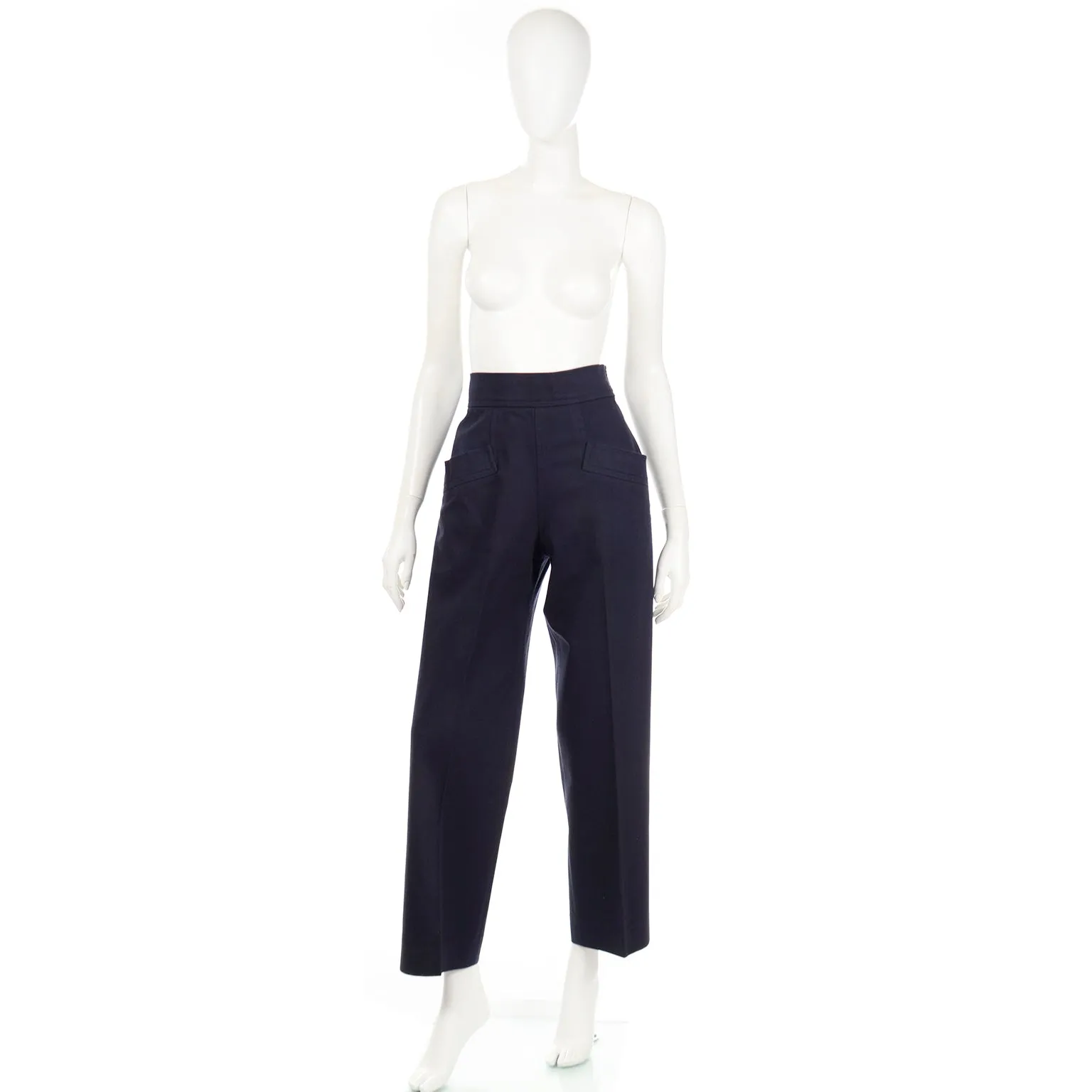 1980s Yves Saint Laurent Pants YSL Navy Blue High Waist Trousers