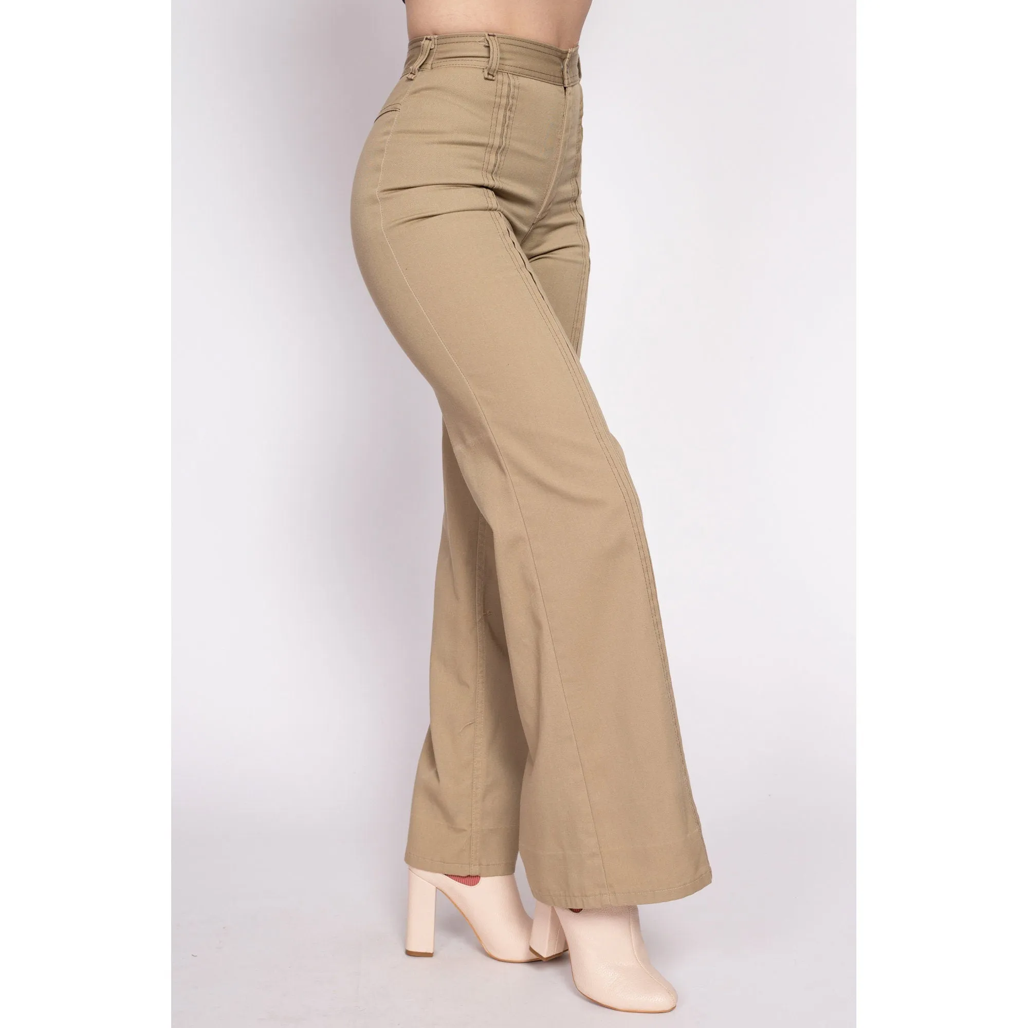 70s Khaki Saddleback Flared Pants - Small, 25.5"