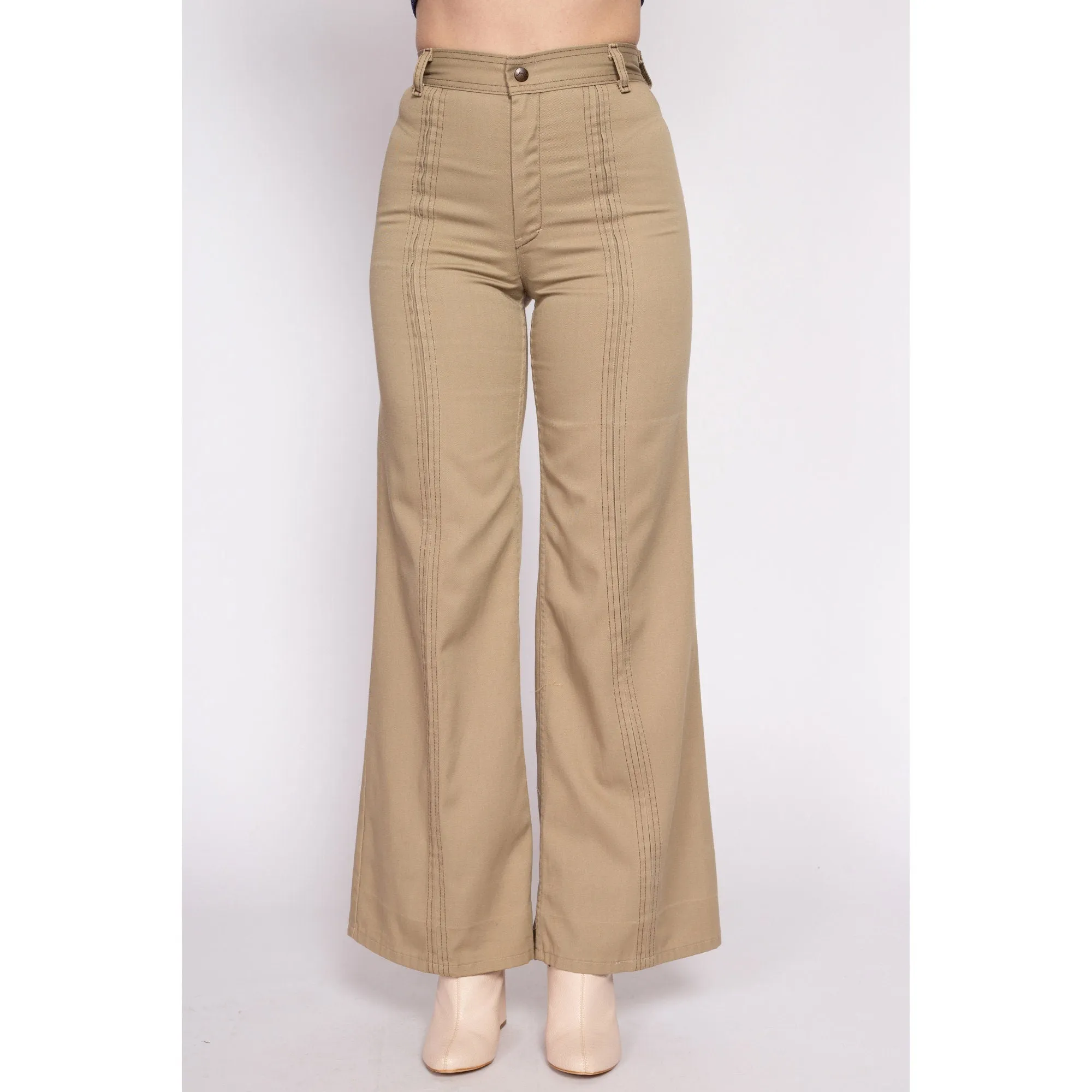 70s Khaki Saddleback Flared Pants - Small, 25.5"