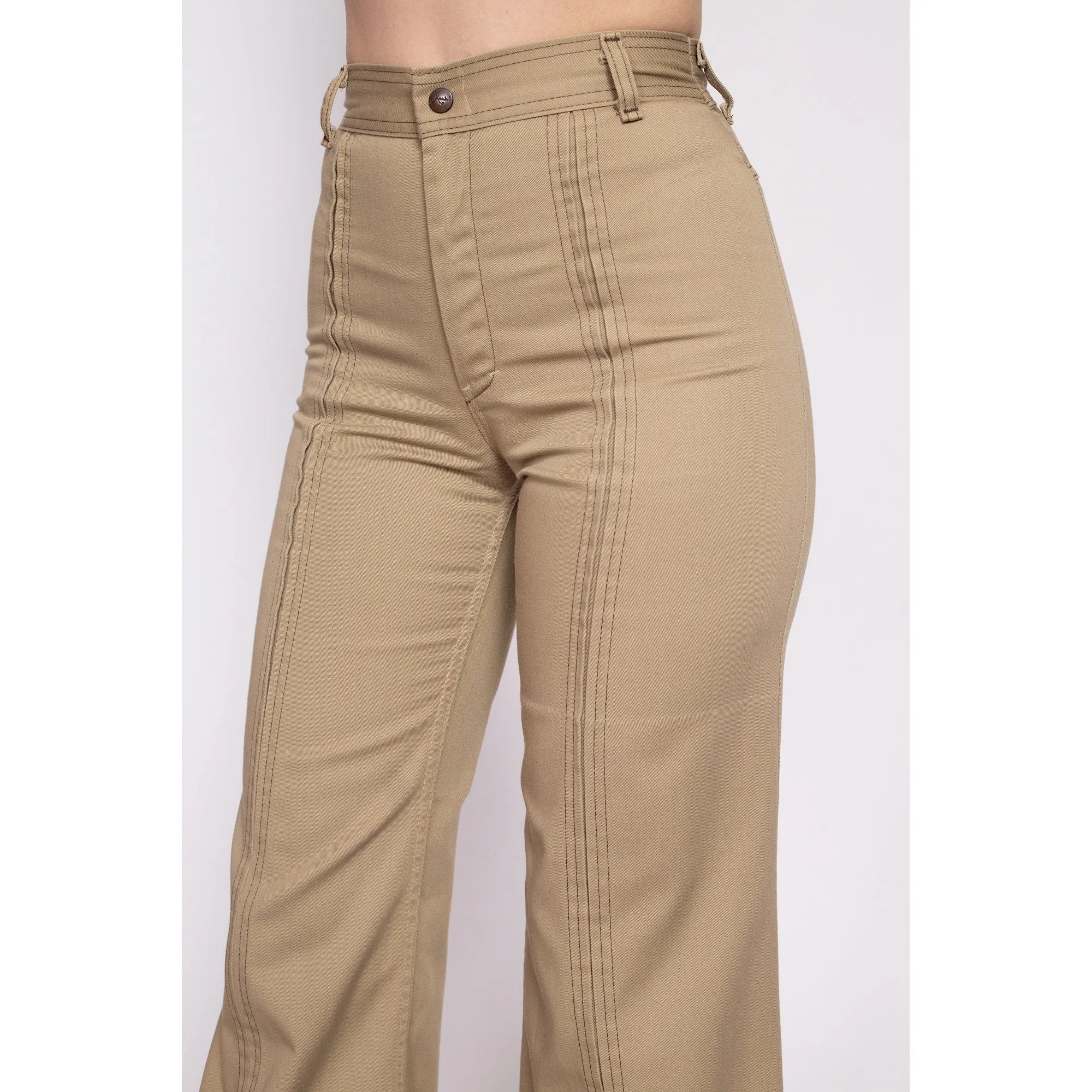 70s Khaki Saddleback Flared Pants - Small, 25.5"