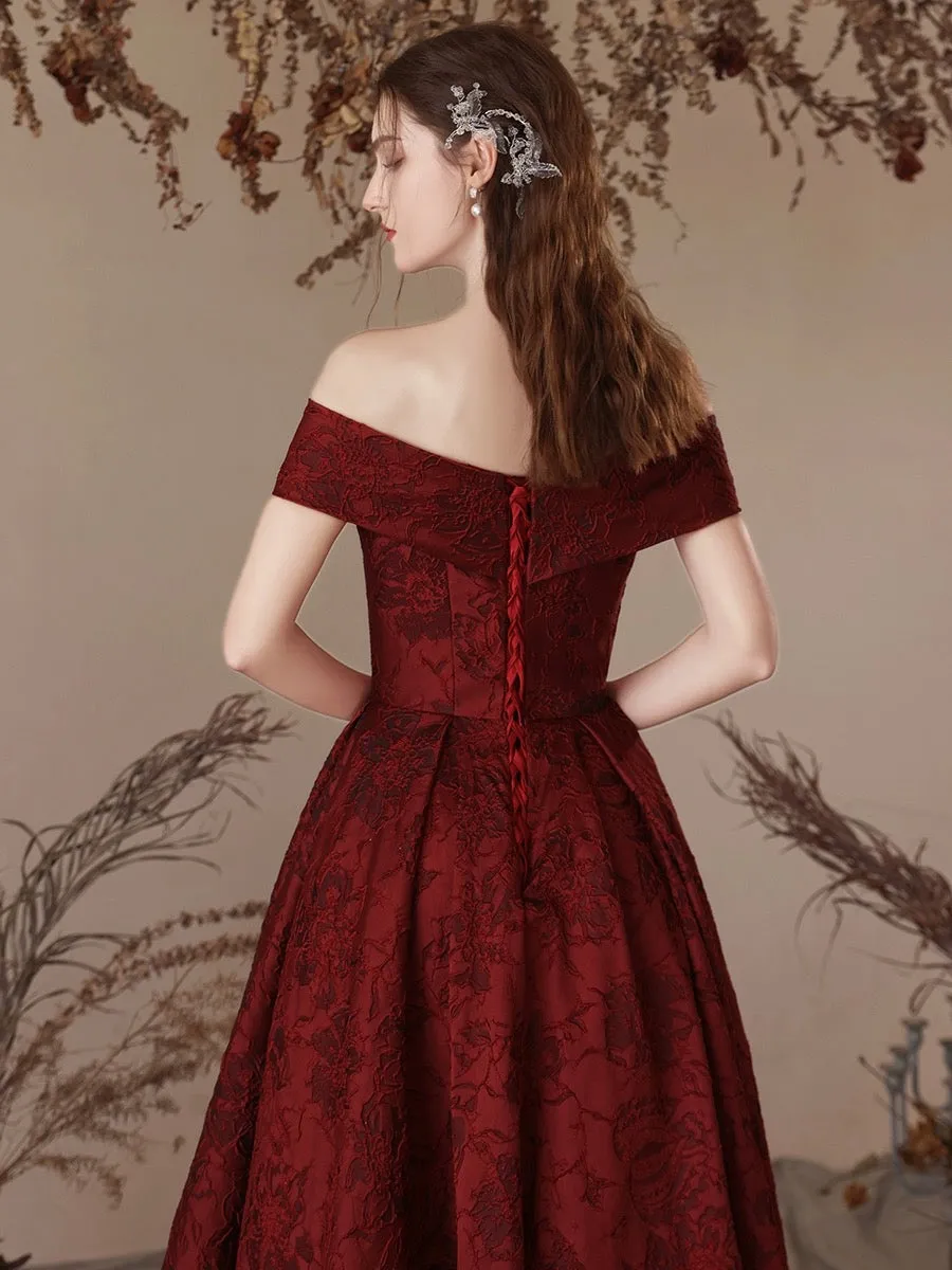 A-Line Off Shoulder Satin Burgundy Long Prom Dress, Burgundy Long Formal Dress