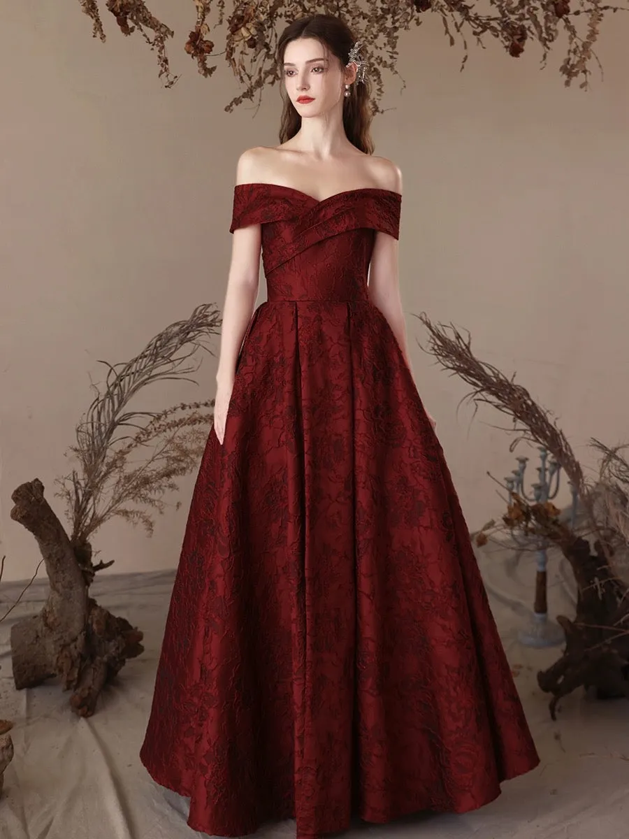 A-Line Off Shoulder Satin Burgundy Long Prom Dress, Burgundy Long Formal Dress