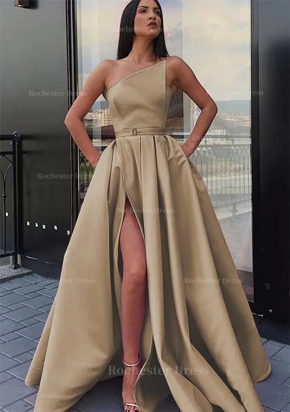 A-line One-Shoulder Long/Floor-Length Satin Prom Dress With Pockets Waistband Split