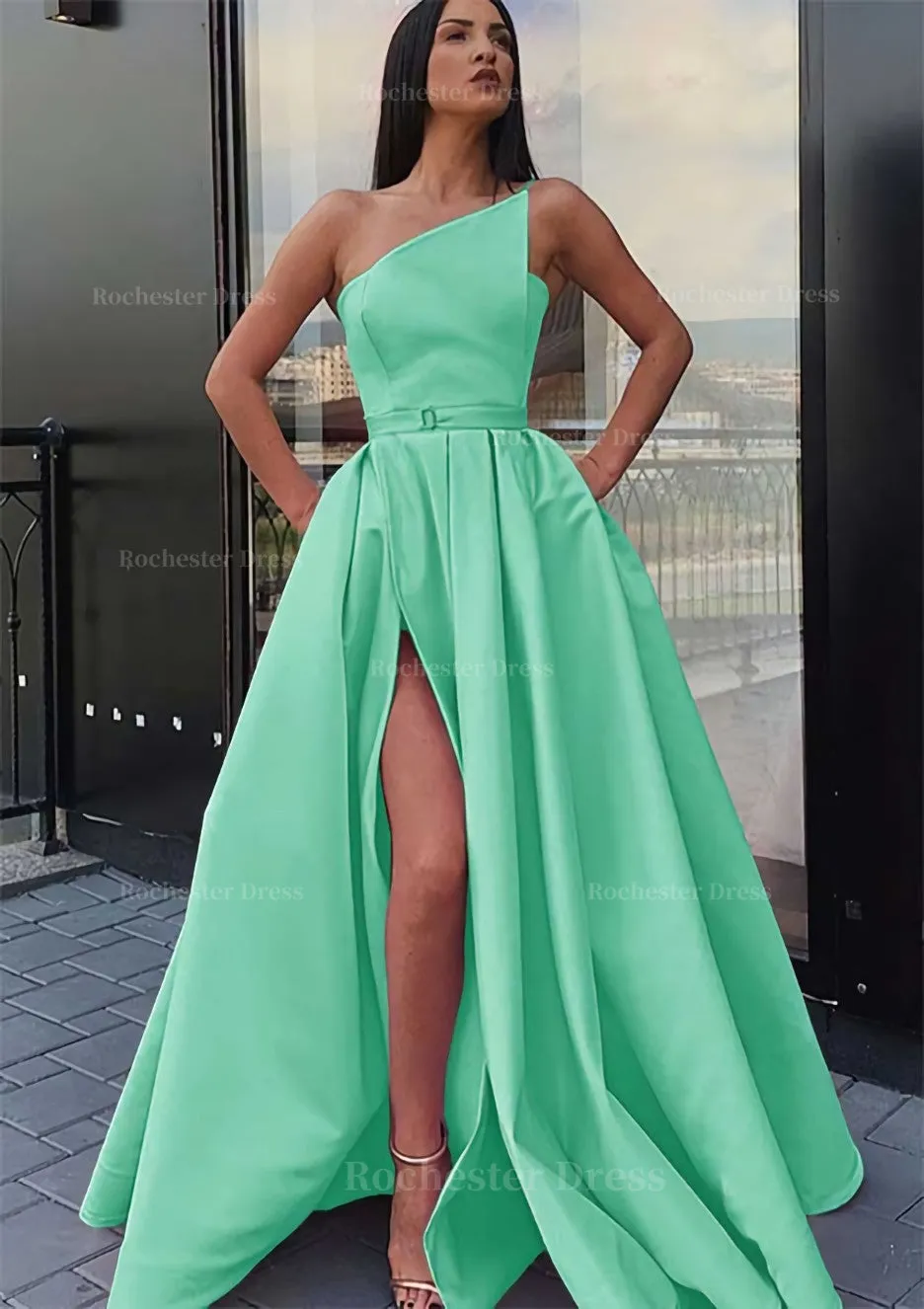 A-line One-Shoulder Long/Floor-Length Satin Prom Dress With Pockets Waistband Split