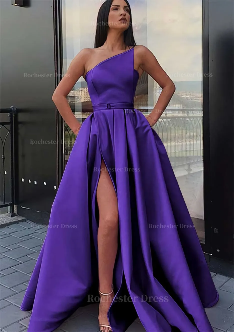 A-line One-Shoulder Long/Floor-Length Satin Prom Dress With Pockets Waistband Split