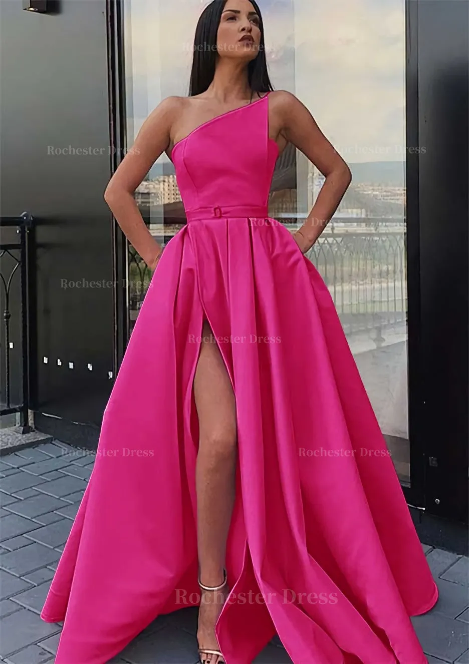 A-line One-Shoulder Long/Floor-Length Satin Prom Dress With Pockets Waistband Split