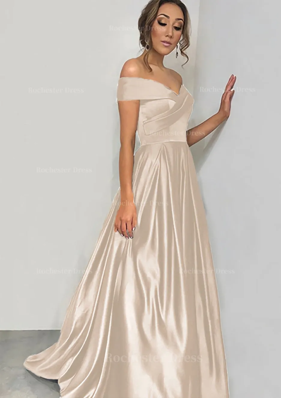 A-line/Princess Off-the-Shoulder Sleeveless Sweep Train Satin Prom Dress With Pleated