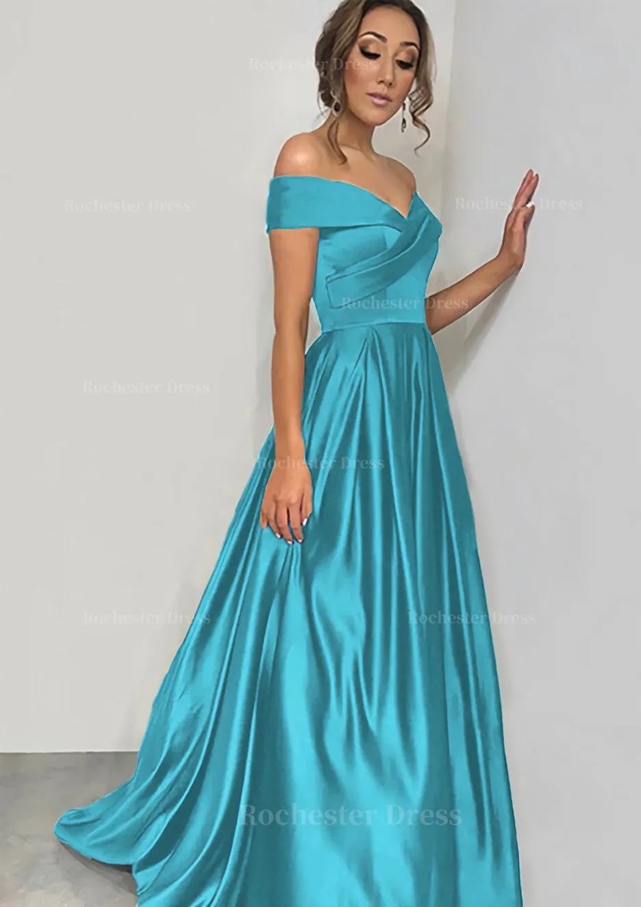 A-line/Princess Off-the-Shoulder Sleeveless Sweep Train Satin Prom Dress With Pleated