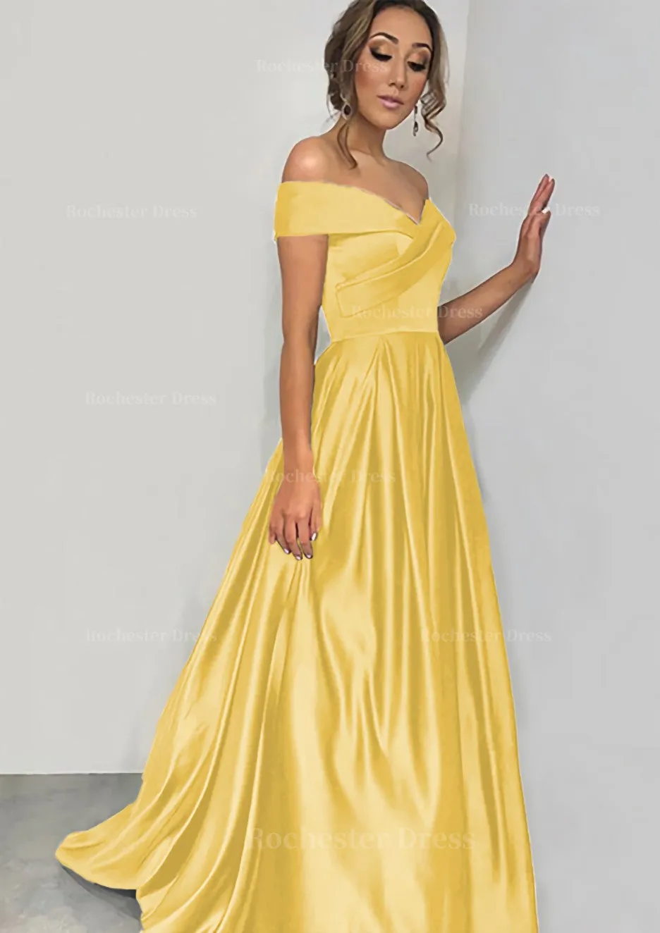 A-line/Princess Off-the-Shoulder Sleeveless Sweep Train Satin Prom Dress With Pleated