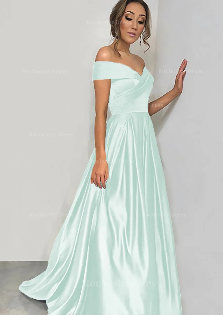 A-line/Princess Off-the-Shoulder Sleeveless Sweep Train Satin Prom Dress With Pleated