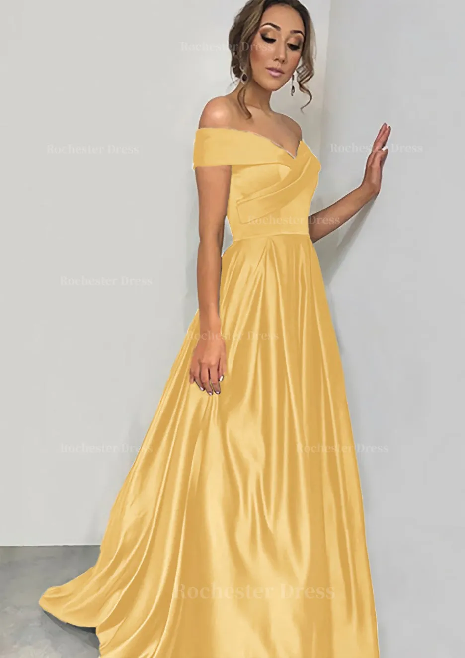 A-line/Princess Off-the-Shoulder Sleeveless Sweep Train Satin Prom Dress With Pleated