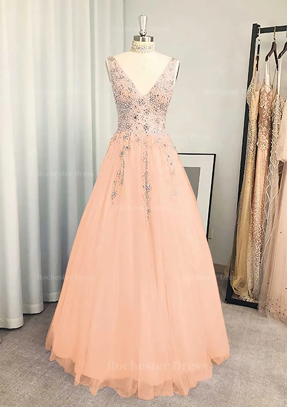 A-line/Princess V Neck Long/Floor-Length Tulle Prom Dress With Beading Sequins