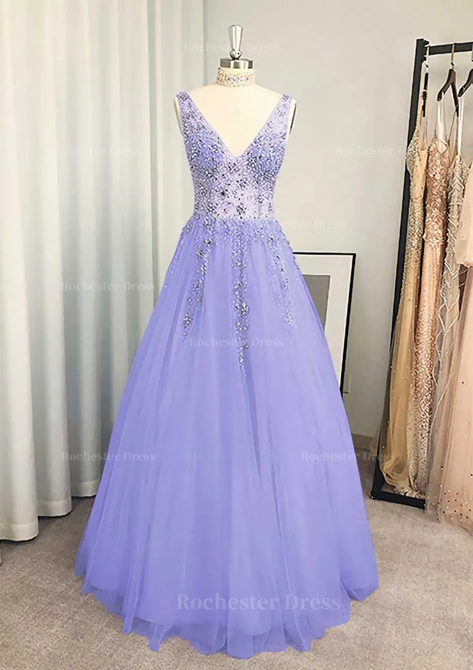 A-line/Princess V Neck Long/Floor-Length Tulle Prom Dress With Beading Sequins