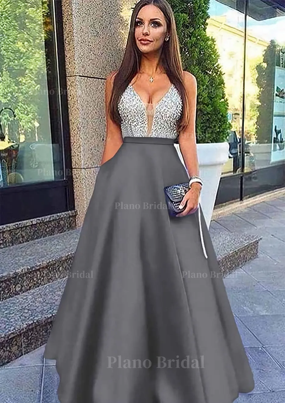 A-line/Princess V Neck Sleeveless Long/Floor-Length Satin Prom Dresses With Sequins