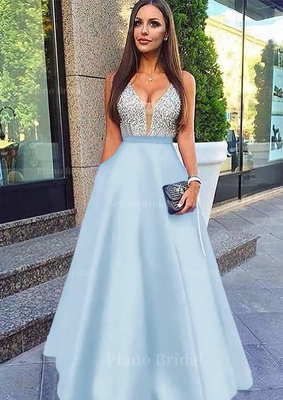 A-line/Princess V Neck Sleeveless Long/Floor-Length Satin Prom Dresses With Sequins