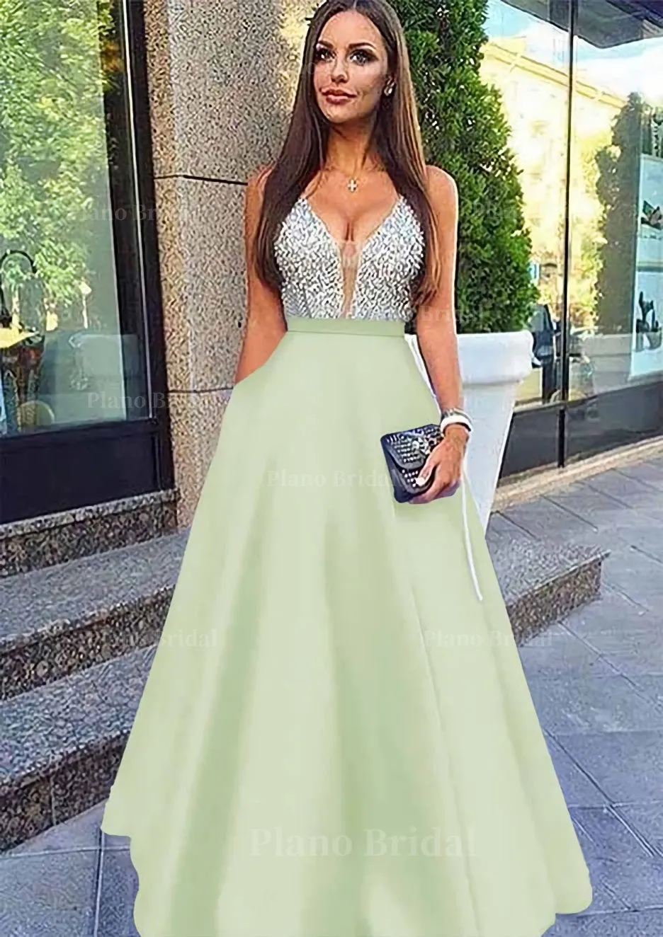 A-line/Princess V Neck Sleeveless Long/Floor-Length Satin Prom Dresses With Sequins