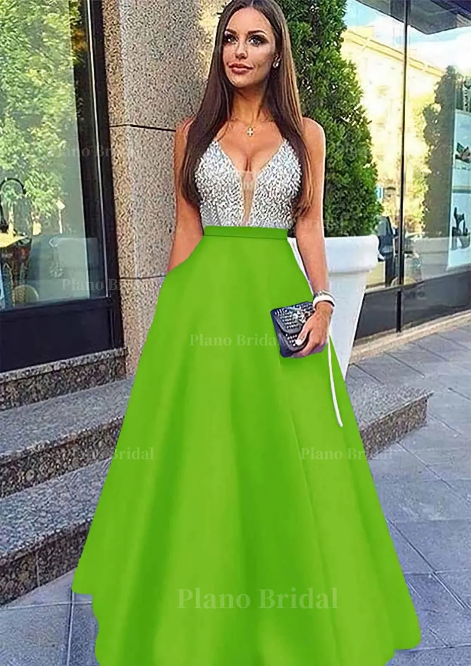 A-line/Princess V Neck Sleeveless Long/Floor-Length Satin Prom Dresses With Sequins