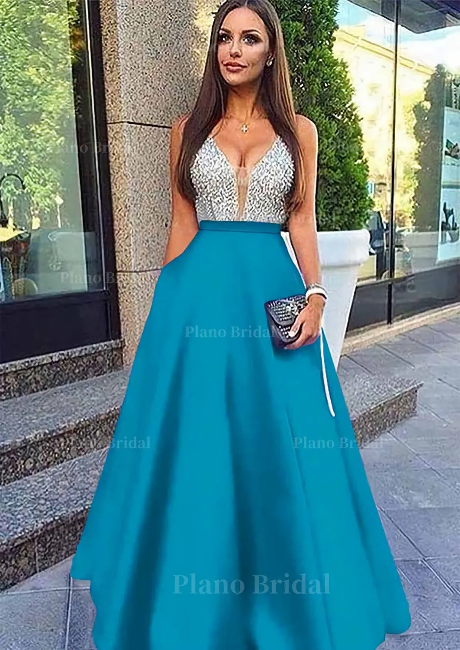 A-line/Princess V Neck Sleeveless Long/Floor-Length Satin Prom Dresses With Sequins