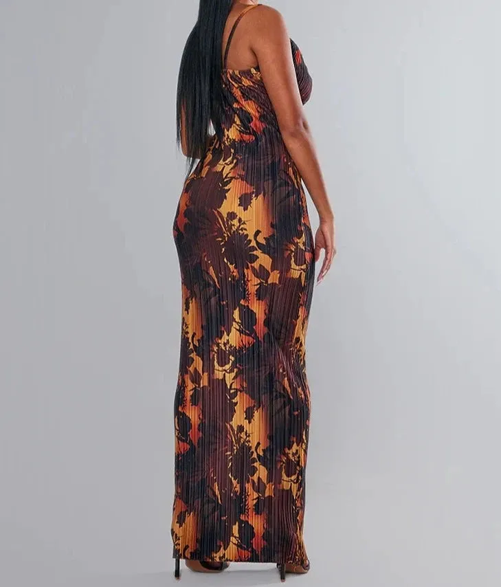 A&A Plissé Flower Print Cowl Neck Slip Maxi Dress