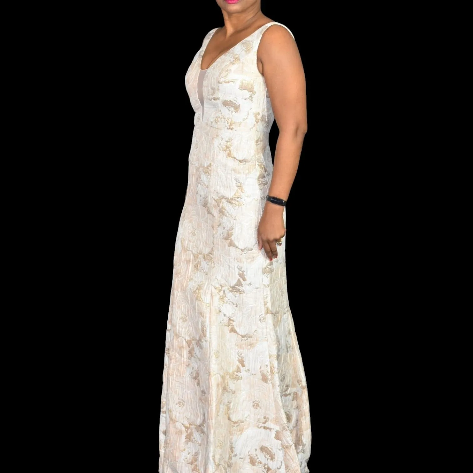 Aidan Mattox Floral Jacquard Maxi Dress Ivory Gold Metallic Deep V Neck Formal Evening Size 0