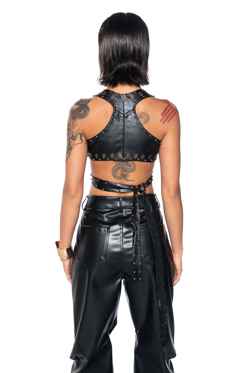 ALESSANDRA HALTER NECK FAUX LEATHER CROP TOP