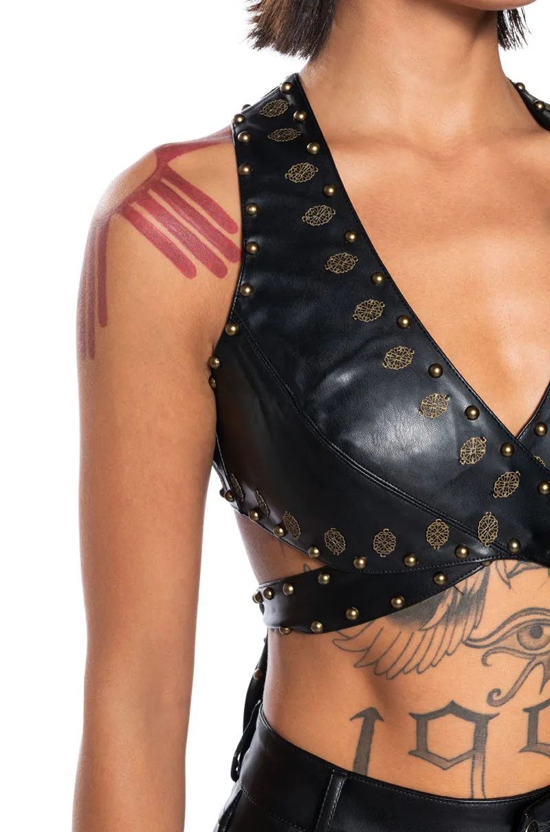 ALESSANDRA HALTER NECK FAUX LEATHER CROP TOP