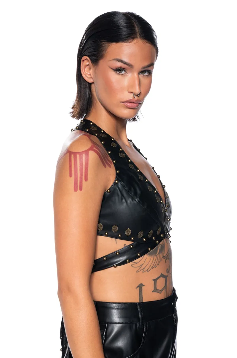 ALESSANDRA HALTER NECK FAUX LEATHER CROP TOP