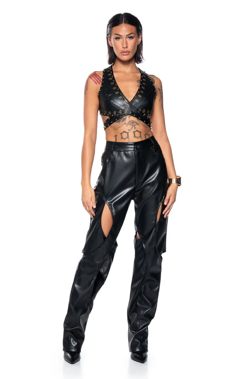 ALESSANDRA HALTER NECK FAUX LEATHER CROP TOP