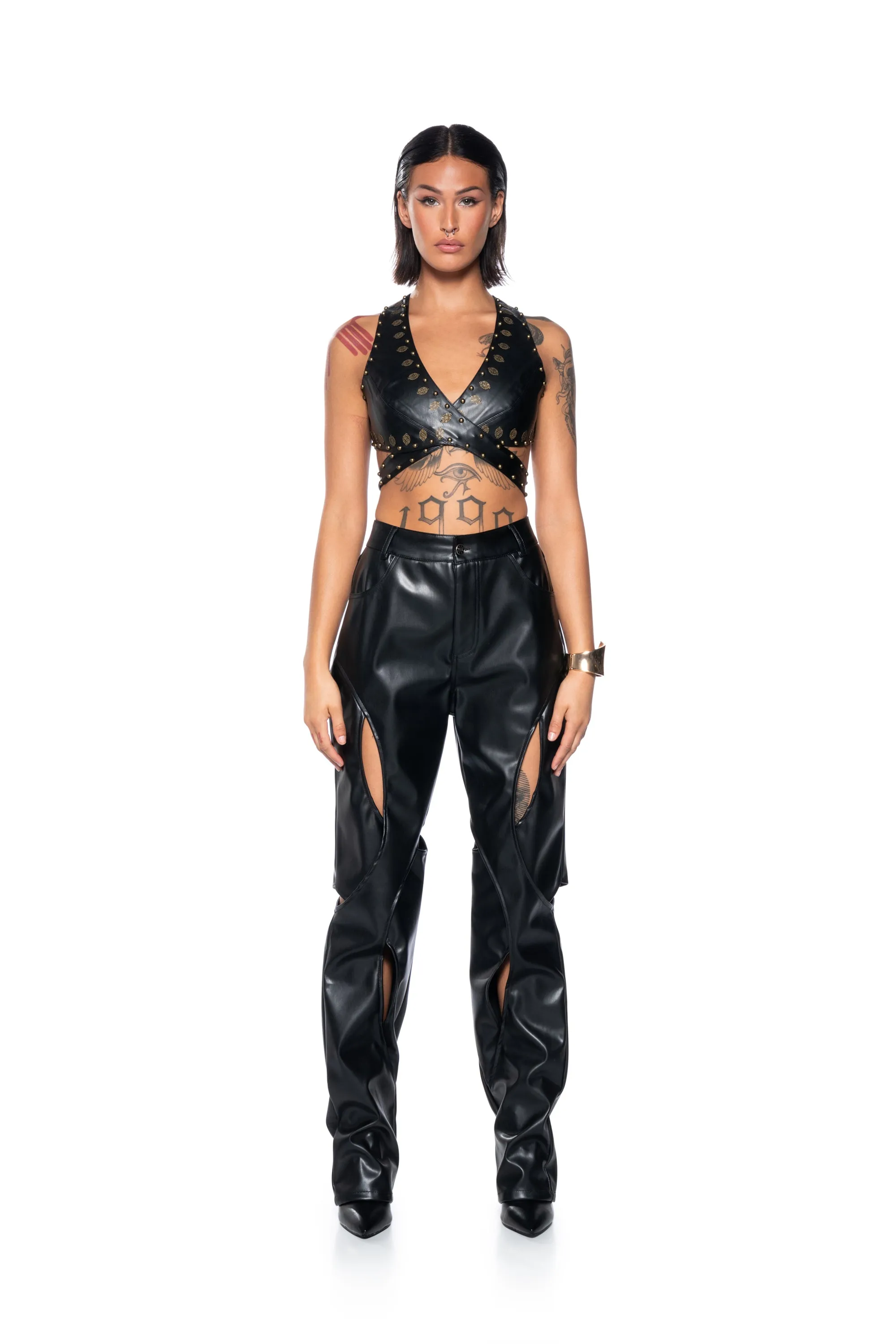 ALESSANDRA HALTER NECK FAUX LEATHER CROP TOP