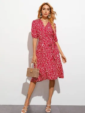 All Over Print Puff Sleeve Belted Wrap Dress