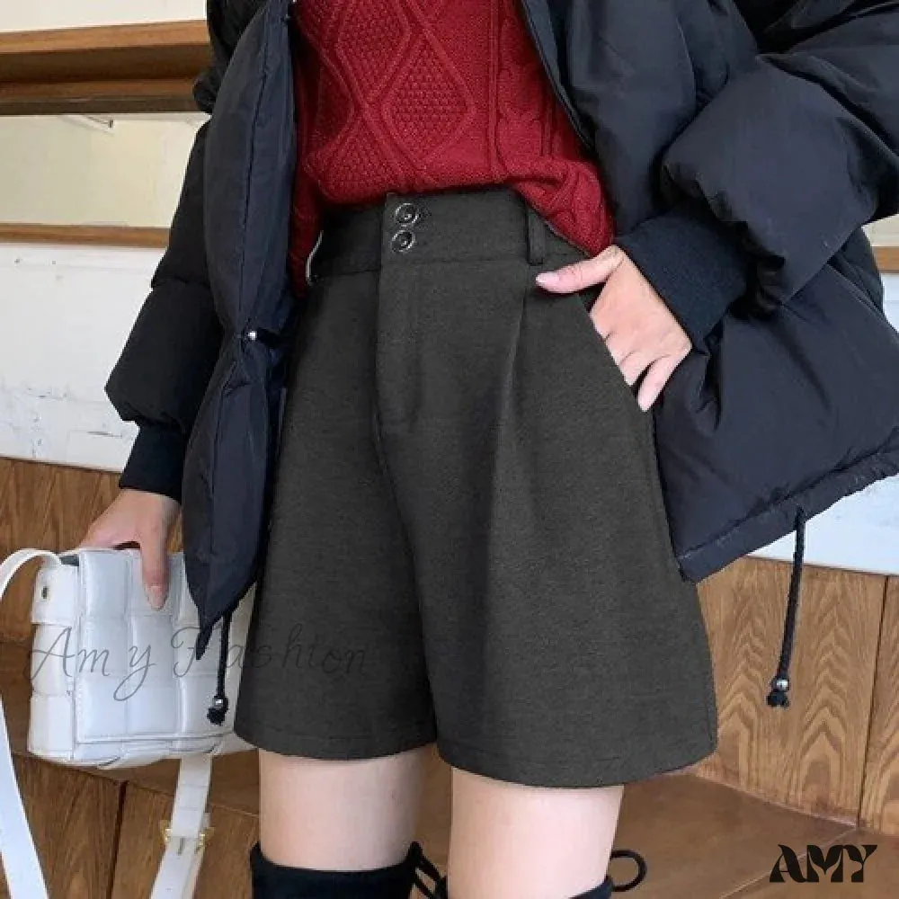 Amy Fashion - Fashion Solid Wide Leg Woolen Shorts