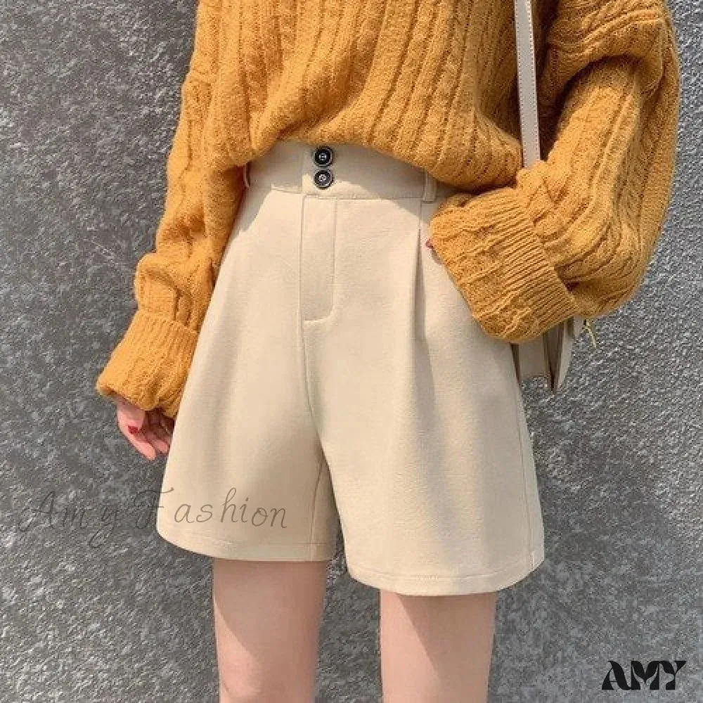 Amy Fashion - Fashion Solid Wide Leg Woolen Shorts