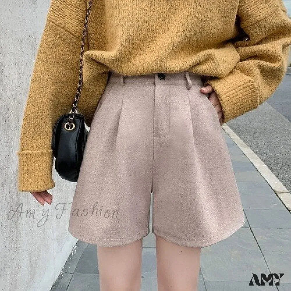 Amy Fashion - Fashion Solid Wide Leg Woolen Shorts