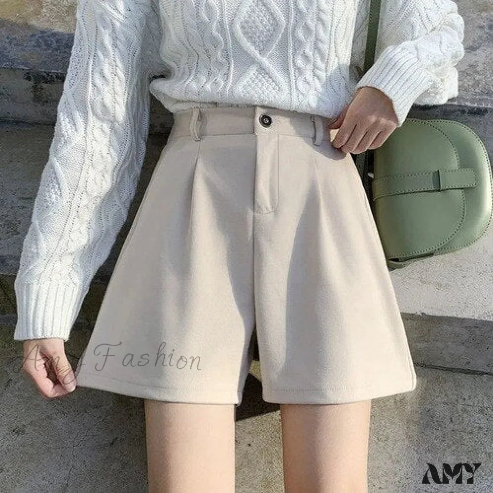 Amy Fashion - Fashion Solid Wide Leg Woolen Shorts