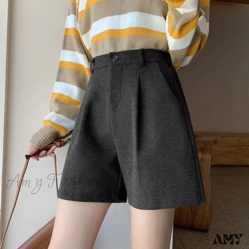 Amy Fashion - Fashion Solid Wide Leg Woolen Shorts