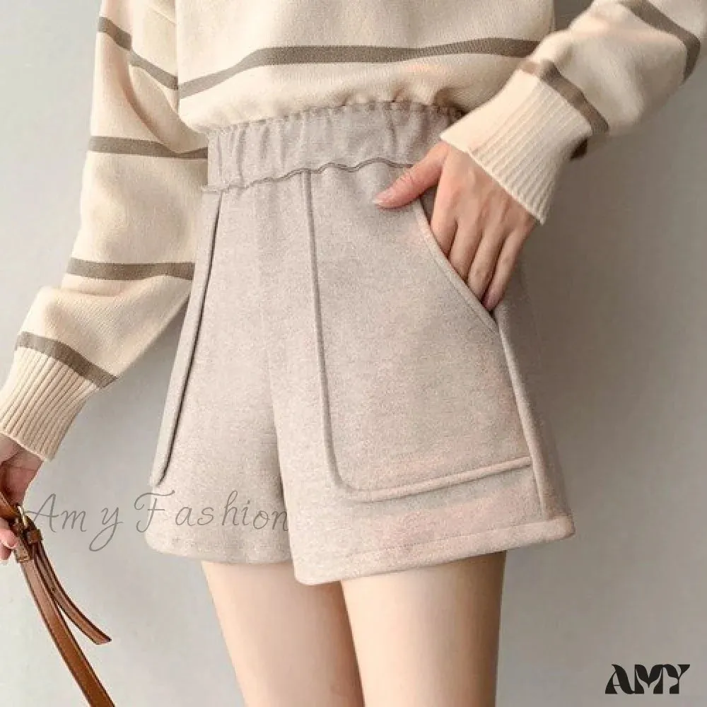 Amy Fashion - Fashion Solid Wide Leg Woolen Shorts