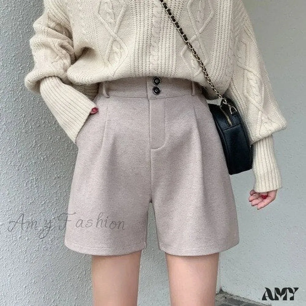 Amy Fashion - Fashion Solid Wide Leg Woolen Shorts