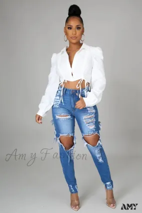 Amy Fashion - Hole Ripped High Waist Push Up Pants