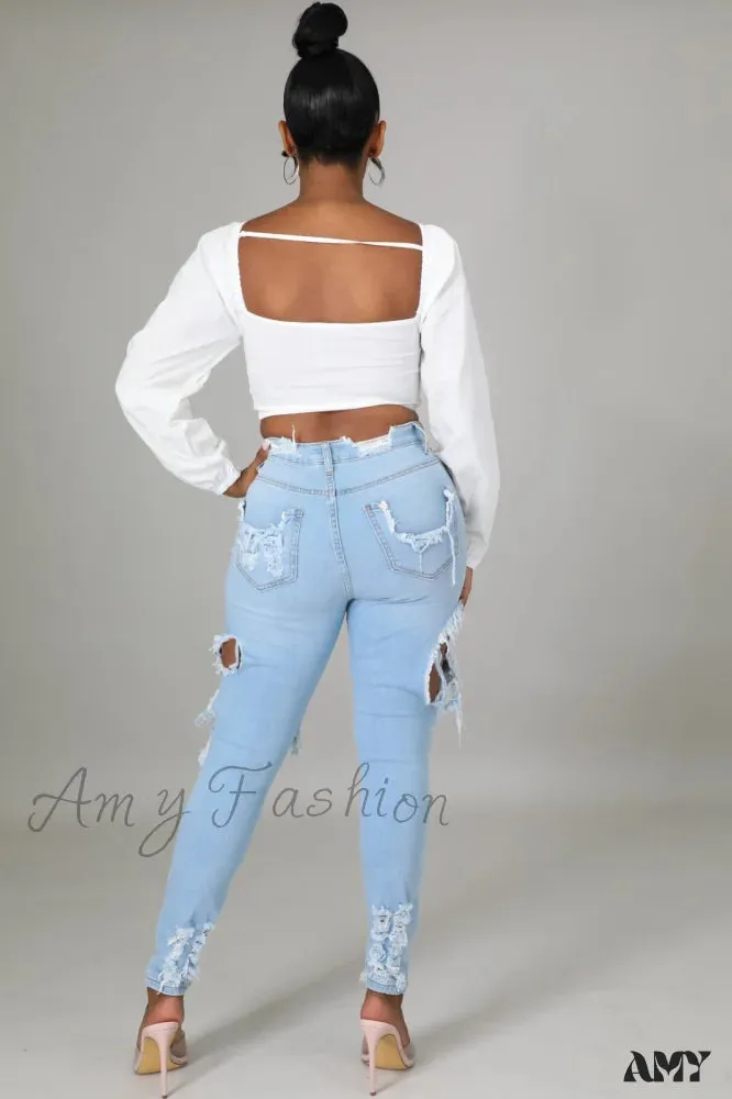 Amy Fashion - Hole Ripped High Waist Push Up Pants