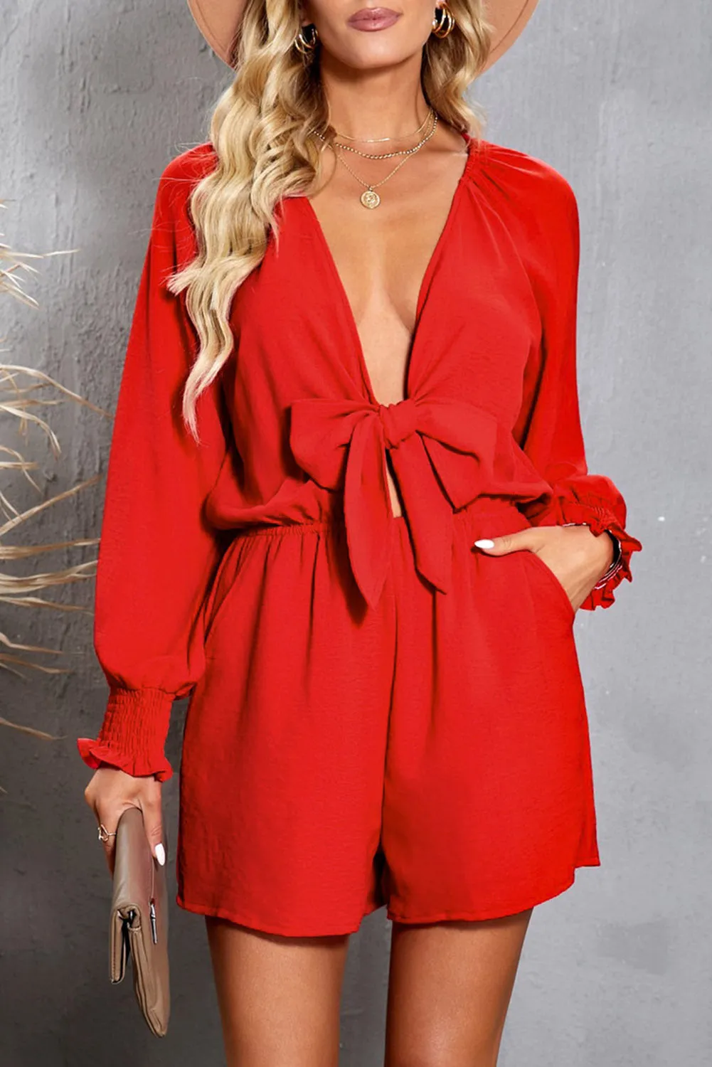 *APP EXCLUSIVE* Tied Flounce Sleeve Plunge Romper