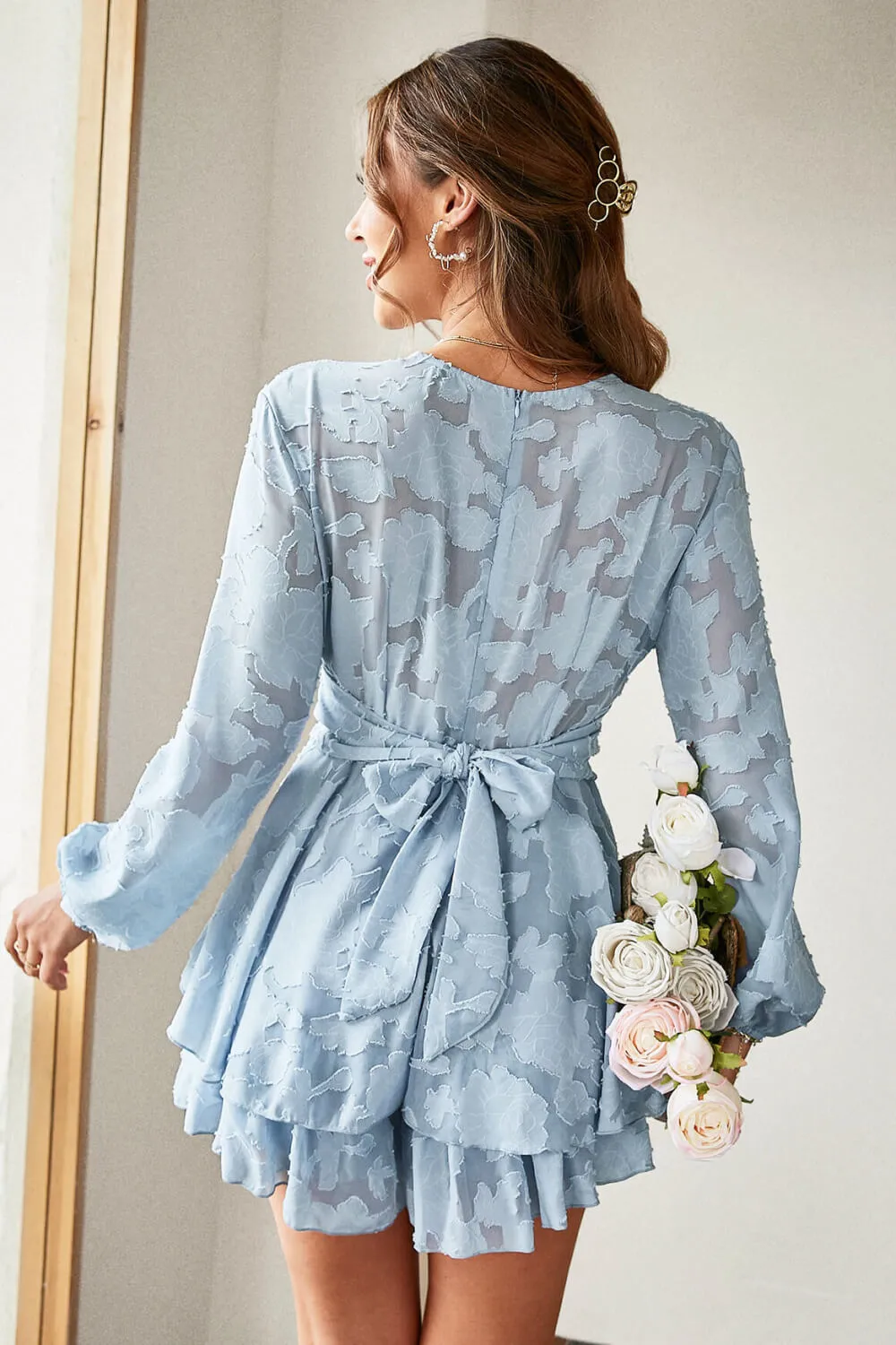 Applique Long Sleeve Surplice Layered Romper