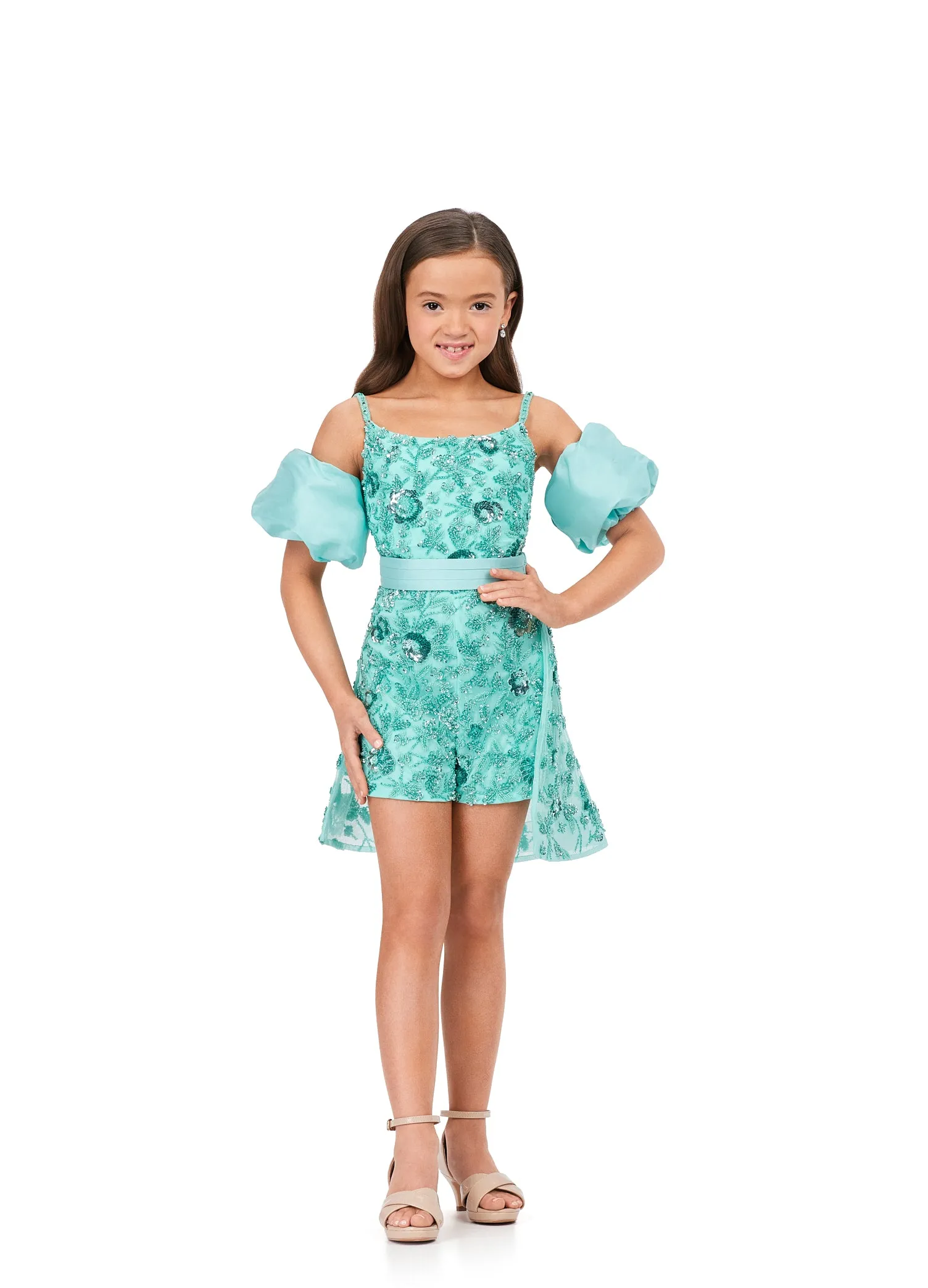 Ashley Lauren Kids 8233 Fully Beaded Spaghetti Straps With Detachable Puff Sleeves Detachable Overskirt Romper