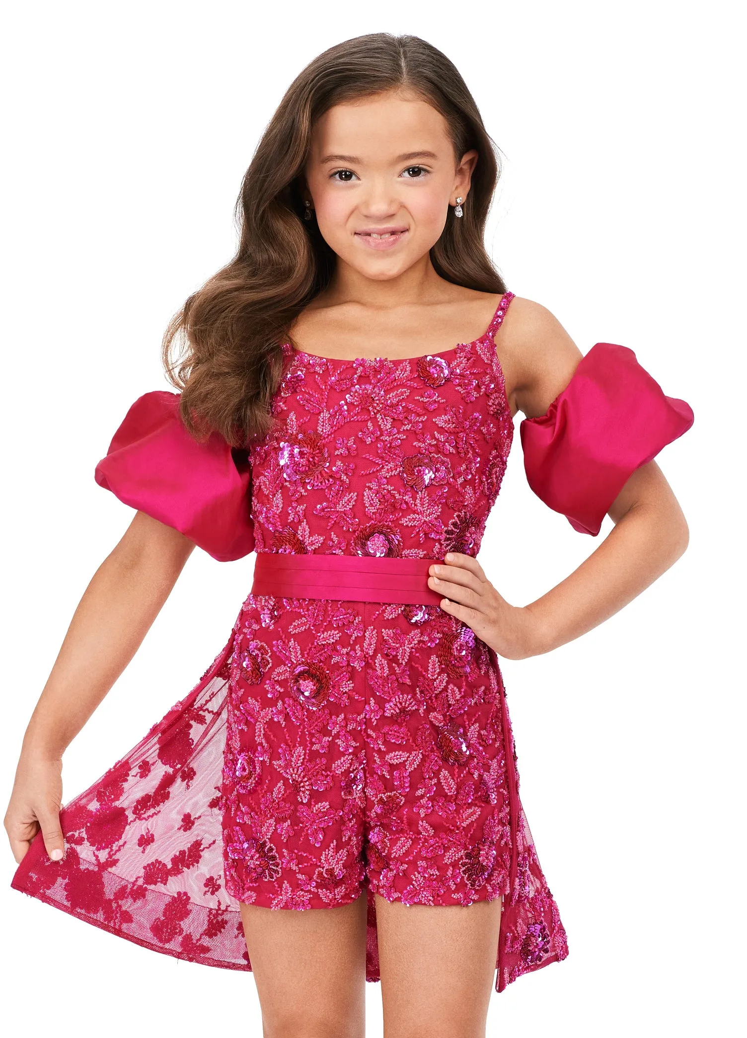 Ashley Lauren Kids 8233 Fully Beaded Spaghetti Straps With Detachable Puff Sleeves Detachable Overskirt Romper