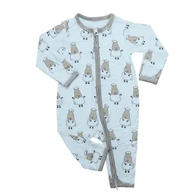 Baa Baa Sheepz Zip Long Sleeve Romper - Blue Big Sheep w/ Gray Border